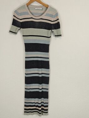 Stitches & Stripes Bodycon Striped Midi Dress Blue Beige Black Cotton Stretch M